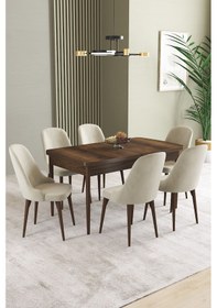 Resim Ikon Barok Desen 80x132 Mdf Açılabilir Yemek Masası Takımı 6 Adet Sandalye Krem 