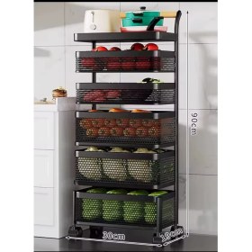 Resim 6 Katlı Metal Siyah Yana Açılır Sebze Meyve Sepeti Patates Soğan Sepeti Sebzelik Tekerlekli 1093-CN 