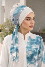 Resim Aişe tesettür Kemik Mavi Batik Desen Fularlı Bone 
