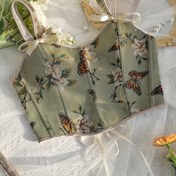 Resim Kadın Vintage Çiçek Baskılı Korse, Yaylı Sırt Askıları ile - Kolsuz, Ruched Tasarım, Orta Destek, Yastıksız, Yaz için Mükemmel, Yetişkin Modası, Yaz Modası Üstü|Çiçek Baskılı Korse|Askısız Tasarım, Çiçek Baskılı 