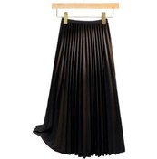 Resim Kadın Pileli Etek Elastik Yüksek Bel A Kesim Uzun Etek Düz Renk Rahat Kumaş Çok Yönlü Etek Günlük Giyim Siyah 