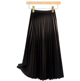Resim Kadın Pileli Etek Elastik Yüksek Bel A Kesim Uzun Etek Düz Renk Rahat Kumaş Çok Yönlü Etek Günlük Giyim Siyah 