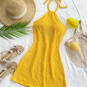 Resim Kadınlar için Tatil Stili Açık Sırtlı Boyun Bağlamalı Elbise - Canlı Sarı Dokulu Kumaş, Ayarlanabilir Arka Bağlama, Geniş Etekli Mini Kısa Etek, Vücuda Oturan Üst ve Akıcı Etek Kenarı, Plaj Tatilleri ve Günlük Kullanım İçin Makinede Yıkanabilir, Yaz Modası | Göz Alıcı Moda | Orta Esneklik, Plaj Elbisesi 