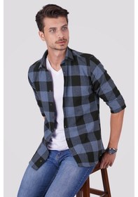 Resim Mavi Siyah Dama Desenli Slimfit Oduncu Gömlek Mavi 