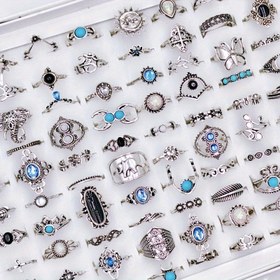Resim 50 adet Bohemian Vintage Alaşımlı Kadın Yüzükleri - Siyah ve Gümüş Geometrik Tasarım, 15mm-19mm Boyutları, Karışık Parmak Yüzük Seti, Günlük Giyim, Partiler ve Hediyeler için Mükemmel, Parti Takıları | Bohemian Tarzı Yüzükler | Dayanıklı Yüzükler, Takı 
