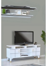 Resim Mega Tv Sehpası Beyaz 2 Kapaklı Raflı Gold Detaylı Sehpa 130x36x59 Cm 