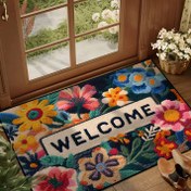 Resim 1 adet Canlı Çiçekli Hoş Geldiniz Matı - Kaymaz, Renkli Çiçek ve Yeşil Yapraklı Polyester Kapı Matı, Mutfak, Banyo, Yatak Odası ve Parti Dekoru için İdeal, İdeal Bahar Hediyesi, Parti Giriş Matı | Canlı Çiçekli Tasarım | Yıkanabilir Mat, Hoş Geldiniz Matı 