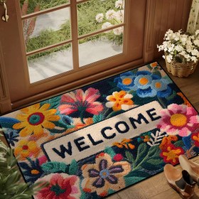 Resim 1 adet Canlı Çiçekli Hoş Geldiniz Matı - Kaymaz, Renkli Çiçek ve Yeşil Yapraklı Polyester Kapı Matı, Mutfak, Banyo, Yatak Odası ve Parti Dekoru için İdeal, İdeal Bahar Hediyesi, Parti Giriş Matı | Canlı Çiçekli Tasarım | Yıkanabilir Mat, Hoş Geldiniz Matı 
