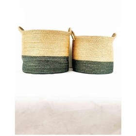 Resim Bitki Tasarımı Ev Dekorasyon Düzenleyici Dekoratif Kulplu Altı Gri Şeritli Doğal Örgü Sepet İkili Set B-o Gri 