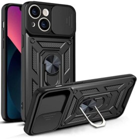 Resim Fibaks Apple Iphone 13 Uyumlu Kılıf Kamera Korumalı Sürgülü Yüzüklü Armor Military Tank Zırhlı 