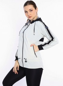 Resim Escetic Ekru Kadın Spor Kapişonlu Su Itici Rüzgarlık Fermuarlu Ince Ceket 6560 