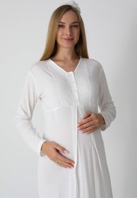 Resim Fiyonk Desenli Jakarlı Sabahlık & Viskon Gecelik 2'li Lohusa Seti - 2311 - Pudra / 2XL / Terlik ve Taç Seti İstiyorum +300₺ 
