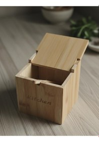 Resim Bambu,kapaklı Kaşıklı 12x12 Çok Amaçlı Baharat Ve Tuzluk Kutusu Kitchen Yazılı Açık Kahverengi 