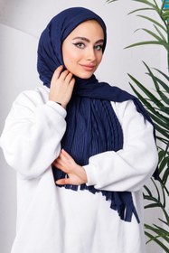 Resim İmajButik Koyu Lacivert Moda Blue Piliseli Pratik Hazır Şal 