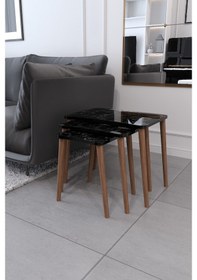 Resim Zigon Sehpa & Yan Sehpa 3'Lü Ahşap Ayaklı Sehpa - Siyah Mermer 