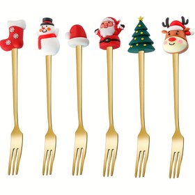 Resim 6 adet Paslanmaz Çelik Noel Tatlı Çatal Seti - Tatlı Meyve Dondurma, Kek Çatalı, Silikon Meyve Çatalı ile Noel Salata Çatal Seti, Yeniden Kullanılabilir Gıda Çatalı Dekorasyon için - Noel Parti Malzemeleri Hediyeleri 