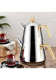 Resim Lines Piramit Paslanmaz Çelik Çaydanlık Takımı Sülale Boy Xxl Altın Kulp 3069 Gold - Gümüş 