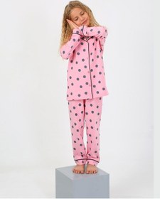 Resim Kız Çocuk Uzun Kollu %100 Pamuklu Düğmeli Pijama Takımı Soft Pembe 