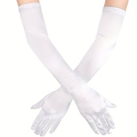 Resim Uzun Beyaz Dirsek Saten Eldivenler, 53.34cm Esnek 1920'ler Opera Eldivenleri, Akşam Partisi Dans Eldivenleri 