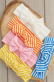 Resim Babygiz Kız Çocuk El Yapımı Yumuşak Fiyonklu Pamuklu Çift Katlı Penye 5'i Bir Arada Bandana Saç Bandı Seti 