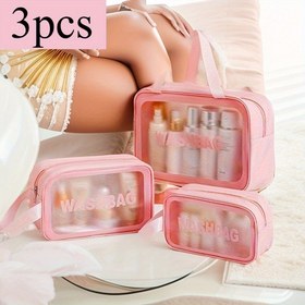 Resim 3 parça büyük kapasiteli taşınabilir yarı şeffaf makyaj çantası seti, Yüksek Kalite yıkama çantası, yüzme ve duş depolama çantası 