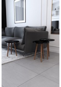 Resim Tokyo Zigon Sehpa & Yan Sehpa 3'Lü Ahşap Ayaklı- Siyah Mermer 