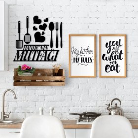 Resim BK Gift Dekoratif Doğal Ahşap Raf Mutfak Konseptli 2’li Ahşap Tablo ve Isme Özel Duvar Süsü-10 