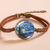 Resim Van Gogh Yıldızlı Gece İlhamlı Kahverengi Süet Bilezik Cam Kolye ile – Ayarlanabilir Vintage Tarzı Kadın Moda Aksesuarı Günlük Kıyafet için, Sanat İlhamlı Takı | Vintage Tarzı Bilezik | Cam Kubbeler Kolye 