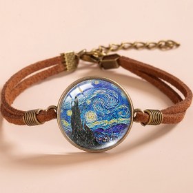 Resim Van Gogh Yıldızlı Gece İlhamlı Kahverengi Süet Bilezik Cam Kolye ile – Ayarlanabilir Vintage Tarzı Kadın Moda Aksesuarı Günlük Kıyafet için, Sanat İlhamlı Takı | Vintage Tarzı Bilezik | Cam Kubbeler Kolye 