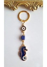 Resim Lüks Hediyelik Zirkon Taşlı Nazar Boncuklu Denizatı Şans Uğur Lacivert Anahtarlık 