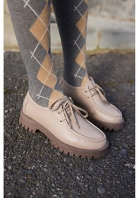 Resim Kristel Kadın Lacivert Gercek Deri Bagcıklı Loafer Ayakkabi Vizon Deri 