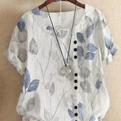 Resim 1pc Kadın Plus Beden Çiçek Desenli Kısa Kollu Gömlek, Casual Crew Boyun Polyester Üst, Hafif Esneklik ile Tüm Mevsim Dokuma Bluz, Düğme Detayları ile 