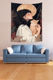 Resim Pelangi Kızın Kucağındaki Kedi Hayvan Sevgisi Leke Tutmaz Kumaş Duvar Örtüsü Duvar Halısı Tapestry PNTR518, 70 x 70 