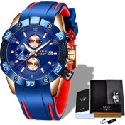 Resim Hanyang Gül Altın Mavi Relogio Masculino 2023 Lıge Yeni Moda Erkek Saatler Silikon Kayış Üst Marka Lüks Spor Chronograph Erkek Kuvars Izle Erkekler (Yurt Dışından) 