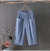 Resim Kadın Yaz Pamuk Keten Kırpılmış Pantolon Orta Bel Elastik Bel Geniş Paça Günlük Pantolon Düz Renk Kadın Günlük Pantolon Mavi 