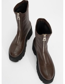 Resim Luvi Shoes Ovil Kahve Cilt Kalın Taban Fermuarlı Kadın Bot Kahverengi Deri 