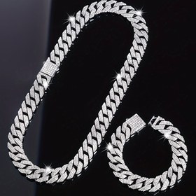 Resim 2'li set Parıldayan Taşlı Hip Hop Moda Kalın Kolye ve Bilezik, Küba Zinciri Takı Seti, Erkekler için Kalın Takılar, Babalar Günü, Sevgililer Günü Yıldönümü/Doğum Günü İçin Mükemmel Hediye 