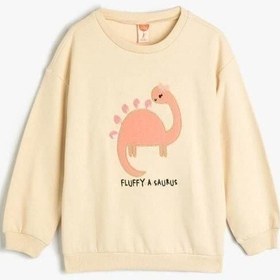 Resim Koton Kız Bebek Dinozorlu Sweatshirt Bisiklet Yaka Uzun Kollu Şardonlu Pamuklu Bej 