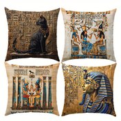 Resim 4 adet, Şeftali Cildli Kadife Yastık Kılıfı Seti, Eski Mısır Desenli Yastık Kılıfı, Tek Taraflı Baskı, 17.71In*17.71In/45Cm*45Cm, Ev Konforlu Dekoratif Yastık Kılıfı, Koltuk, Oturma Odası, Yatak Odası Yastık Kılıfı, Yastık Çekirdeği Yok 