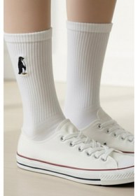 Resim Siyah Dinazor Trex Ve Beyaz Yalnız Penguen Nakışlı Yazlık Kışlık Unisex 2 Çift Soket Çorap Seti Çok Renkli 
