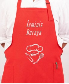 Resim Mutfak Önlüğü Kişiye Ve İsme Özel Nakışlı Mutfak Önlüğü Şef 2 Farklı Renkler Kırmızı 