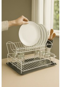 Resim Paslanmaz Metal 2 Katlı Bulaşık Kurutma Sepeti - Tezgah Üstü Bulaşıklık Teli - Beyaz Beyaz 