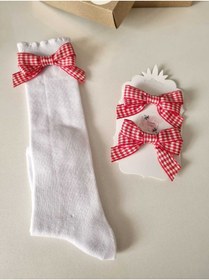 Resim Moonys Socks Collection Pötikareli Fiyonk Detaylı Kız Çocuk Özel Seri Çorap ve Toka Hediye Seti - ( Kırmızı ) 