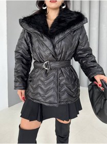 Resim buqre's moda Kemerli İçi Kürklü Şal Yaka Şişme Kapitone Mont 