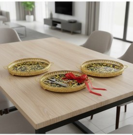 Resim 3 Adet Gold Renk Vav Desen Metal Çerçeveli Cam Nişan-servis Tepsi Seti 28 19 Cm Rosegold 