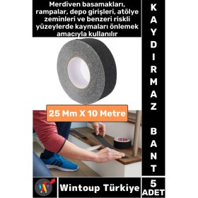 Resim Ultra Güçlü Yapışkan Isg Iş Yeri Kaygan Zemin Merdiven Siyah Kaydırmaz Bant 25 mm x 10 Metre 5 Adet 