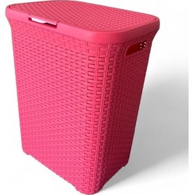 Resim Pembe, Hasır Desenli Kapaklı Çamaşır Sepeti 55x43x33cm 