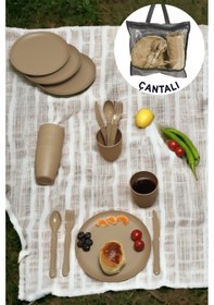 Resim İronika 6 Kişilik 31 Parça Çantalı Kolay Taşınır Piknik Seti Plastik Bardak Çatal Kaşık Bıçak Yemek Kahvaltı Takımı-latte Kahverengi 