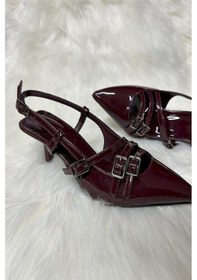 Resim Günlük Kadın Rugan Arkası Açık Tokalı Ayarlanabilir Kemerli Sivri Burunlı İnce Topuklu Ayakkabı 44 Bordo 