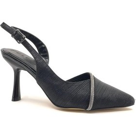 Resim Feles Saten Şerit Taşlı Arkası Açık Stiletto Kadın Topuklu Ayakkabı Siyah 